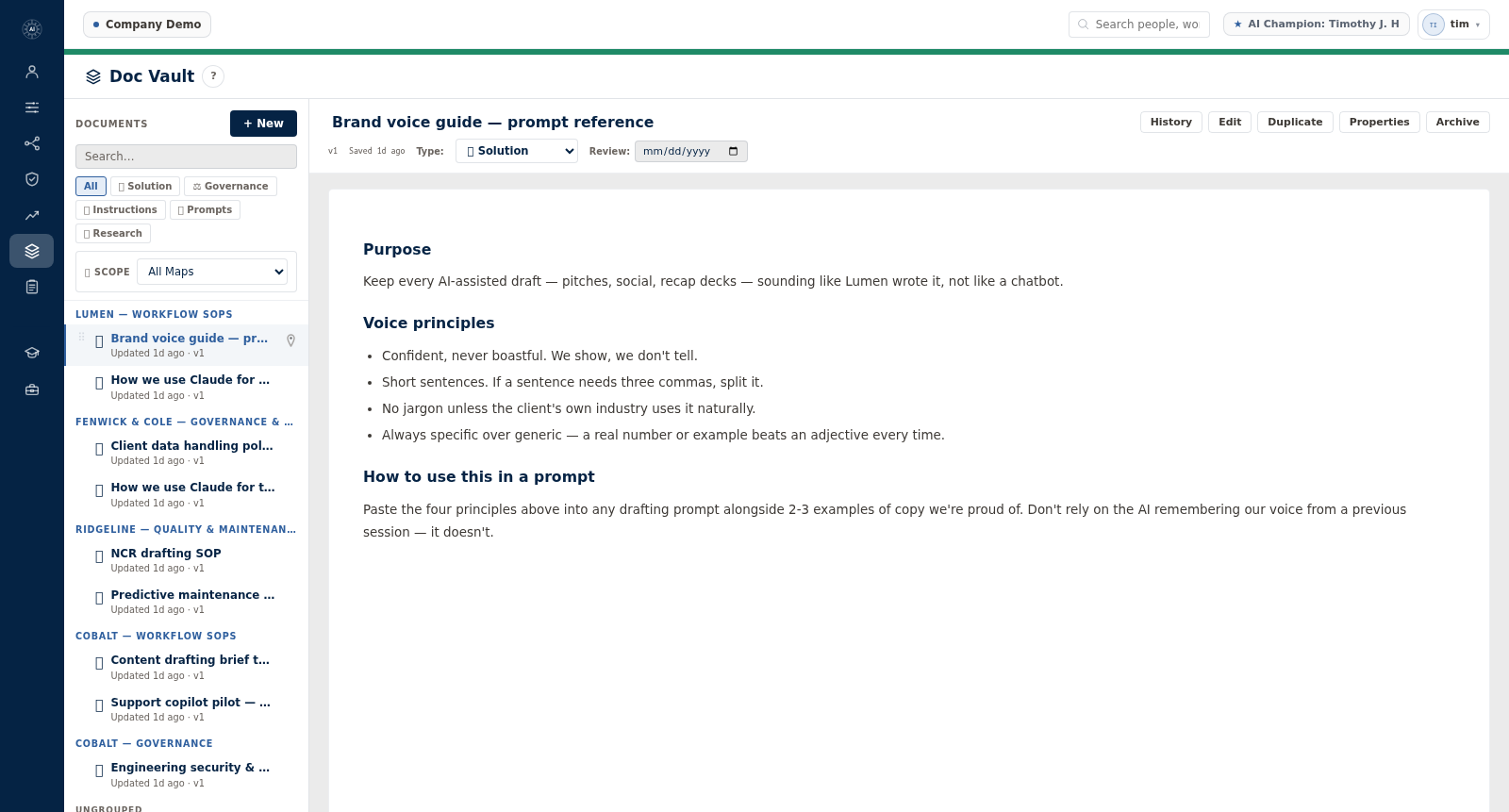 Doc Vault screenshot showing the AI Acceptable Use Policy open, with version, review date, and grouped policies, checklists and meeting notes in the sidebar
