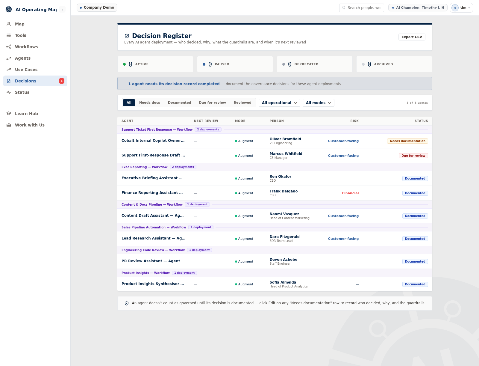 Decision Register screenshot showing every agent deployment, who decided, its risk level and documentation status