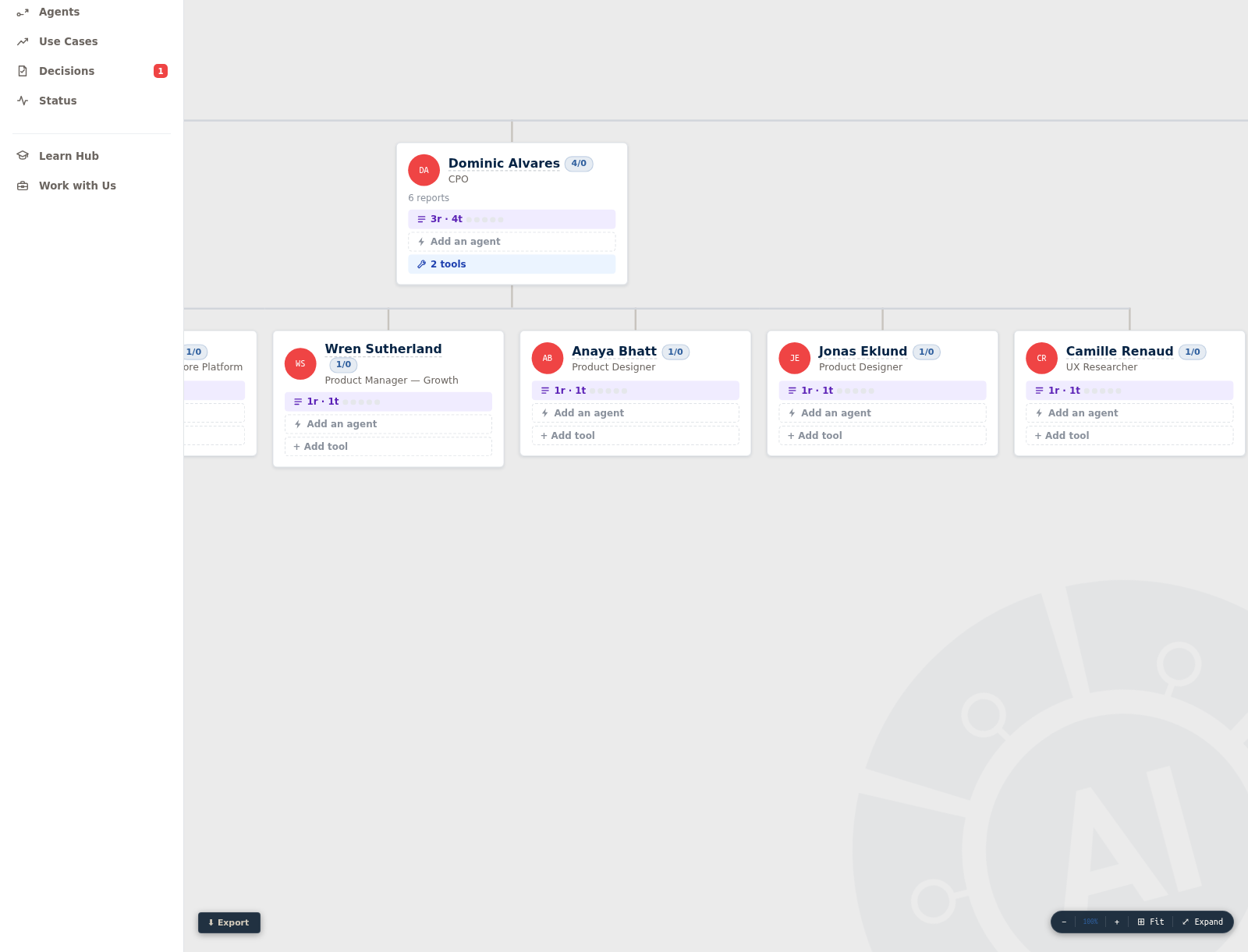 Agent Register screenshot showing every deployed agent with its status, workflow, accountable person and risk level